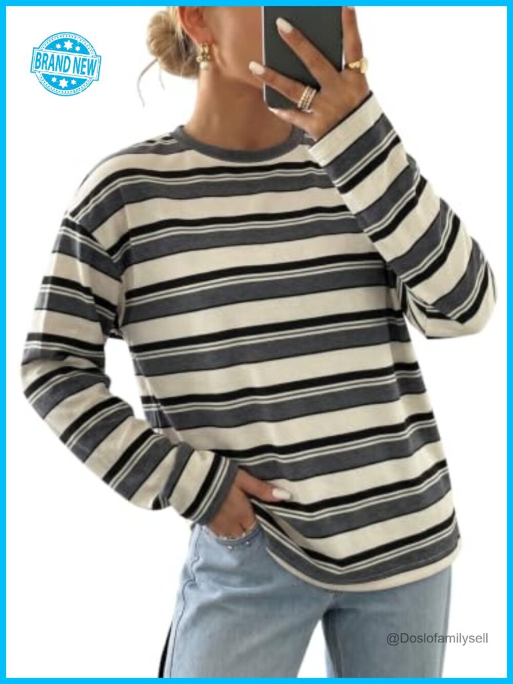 Womens Long Sleeve Striped Ribbed Knit Crew Neck Pullover Top
